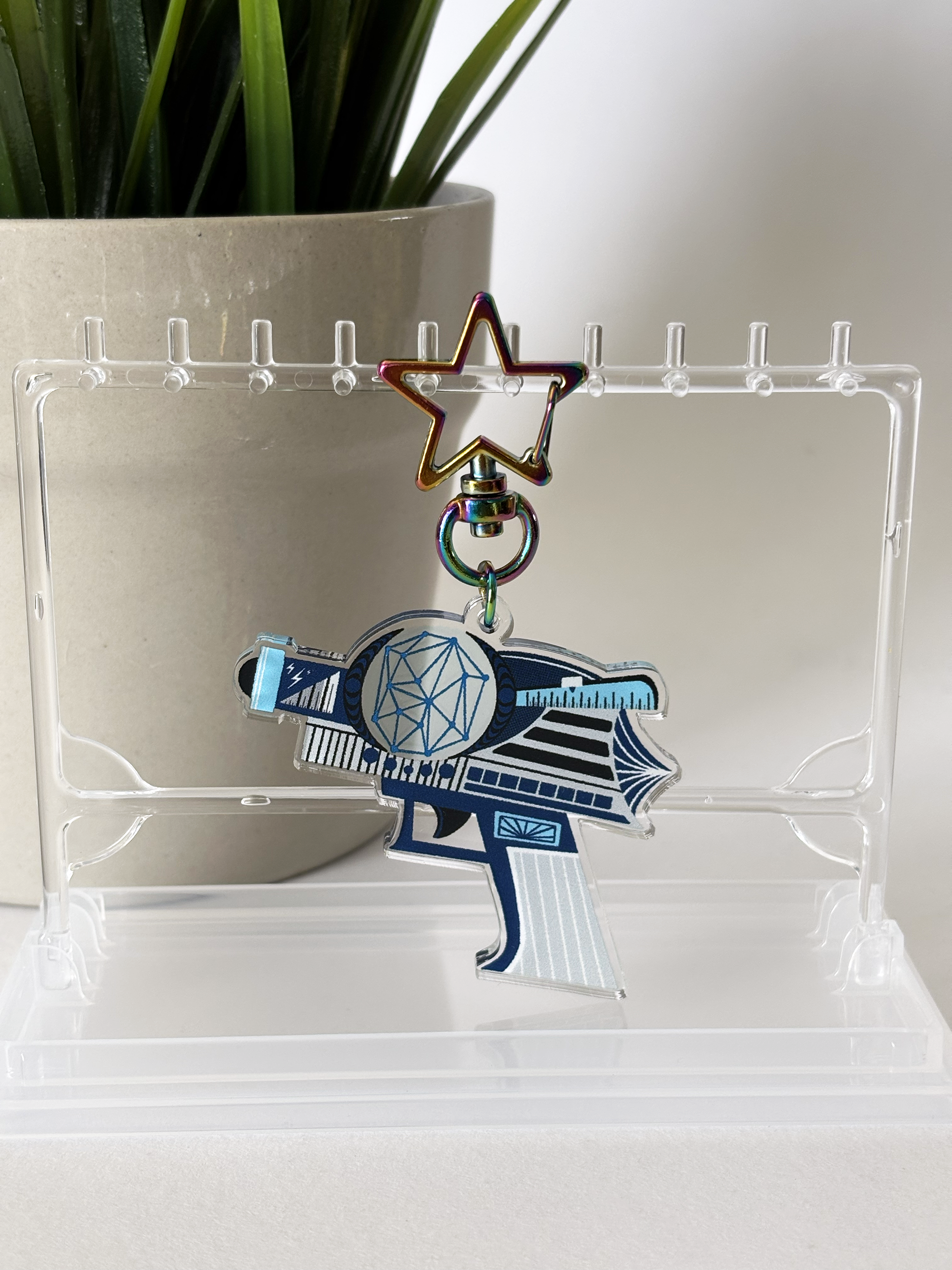 DARK BLUE SPACE AGE RAYGUN Acrylic Double Sided Keychain