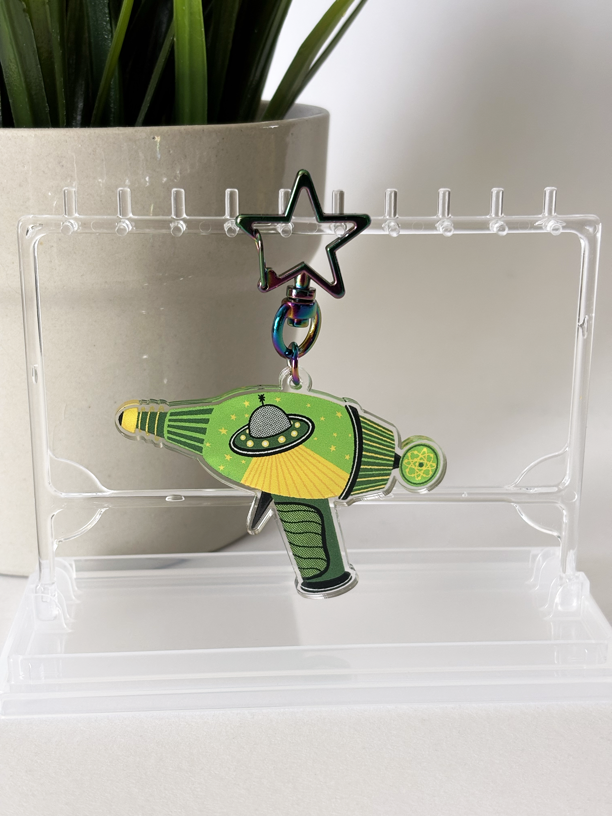 GREEN SPACE AGE RAYGUN Acrylic Double Sided Keychain
