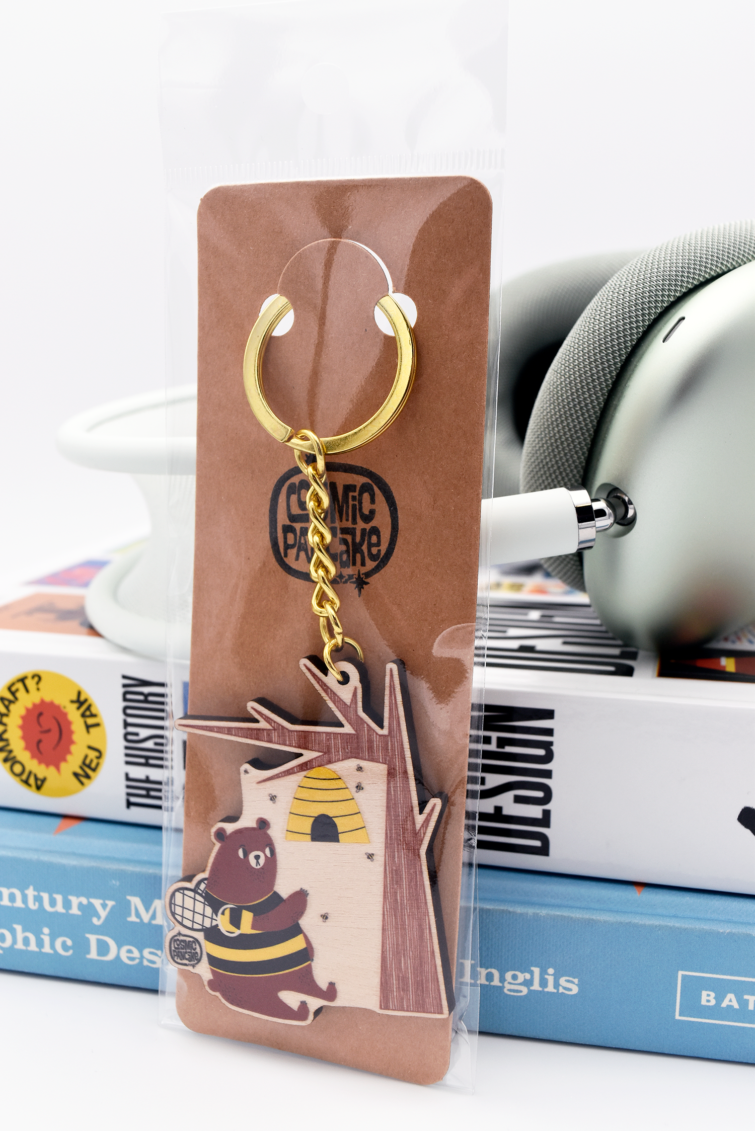 BEAR AND BEES Wooden Keychain