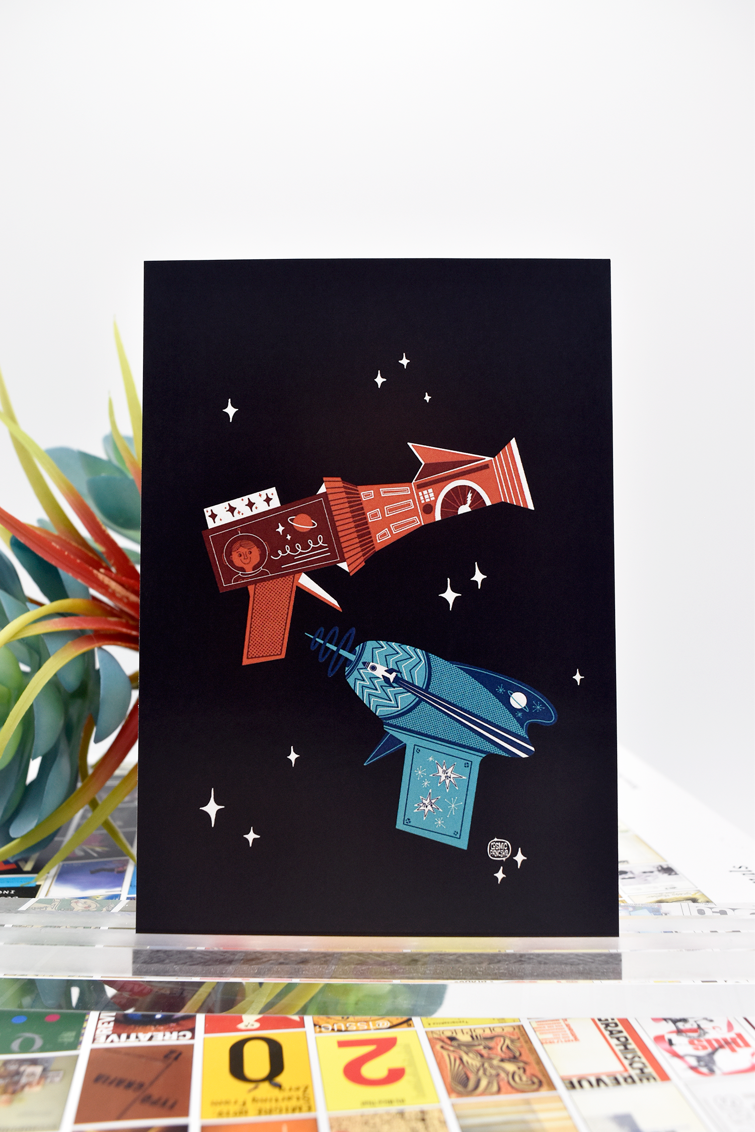 RED AND BLUE SPACE AGE RAYGUNS Glossy Mini Print