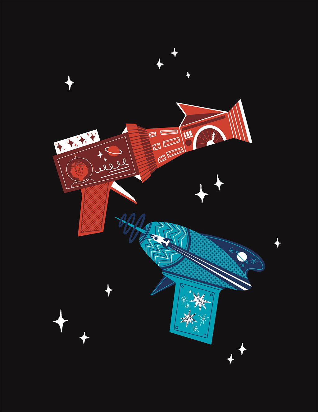 RED AND BLUE SPACE AGE RAYGUNS Glossy Mini Print