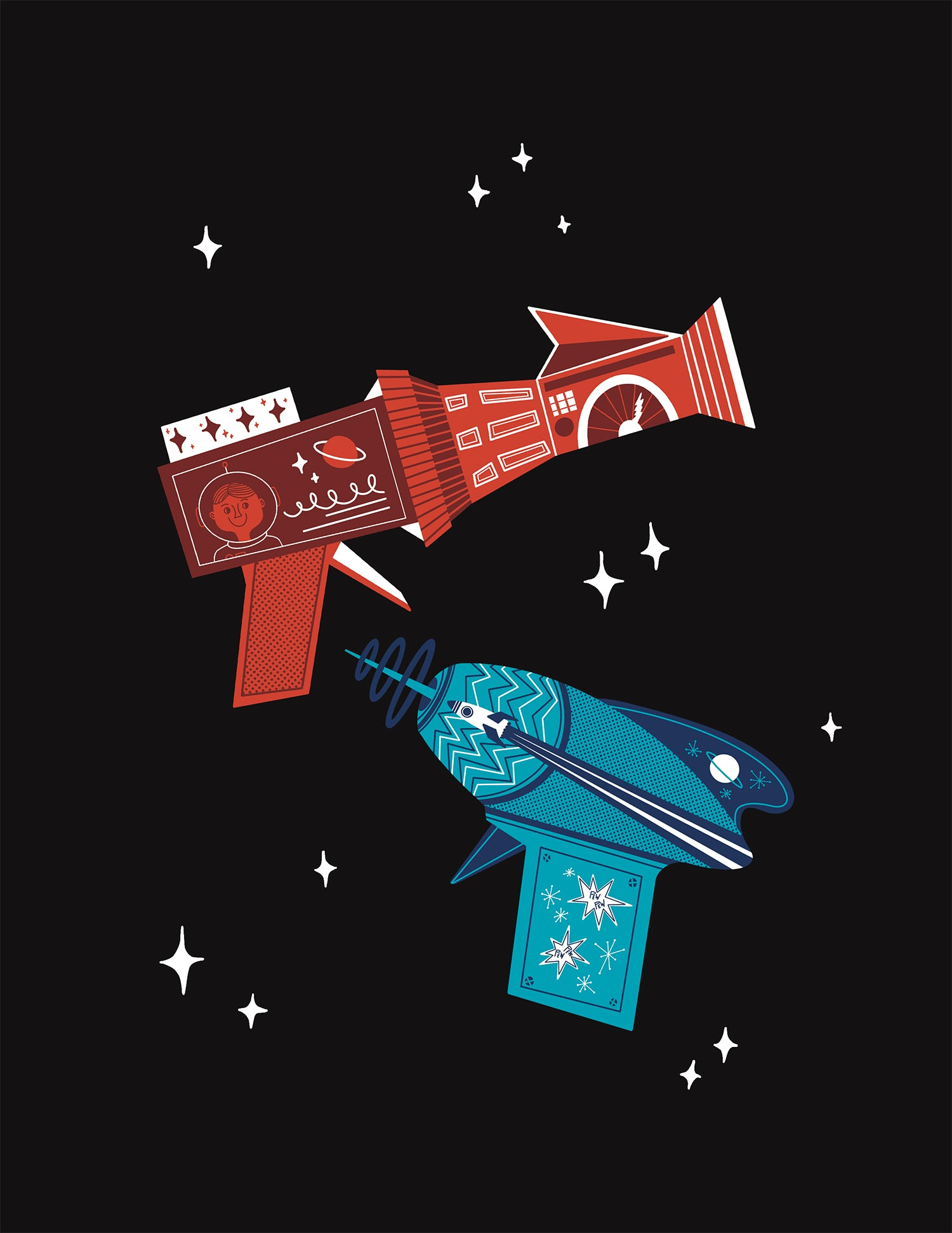 RED AND BLUE SPACE AGE RAYGUNS Glossy Mini Print