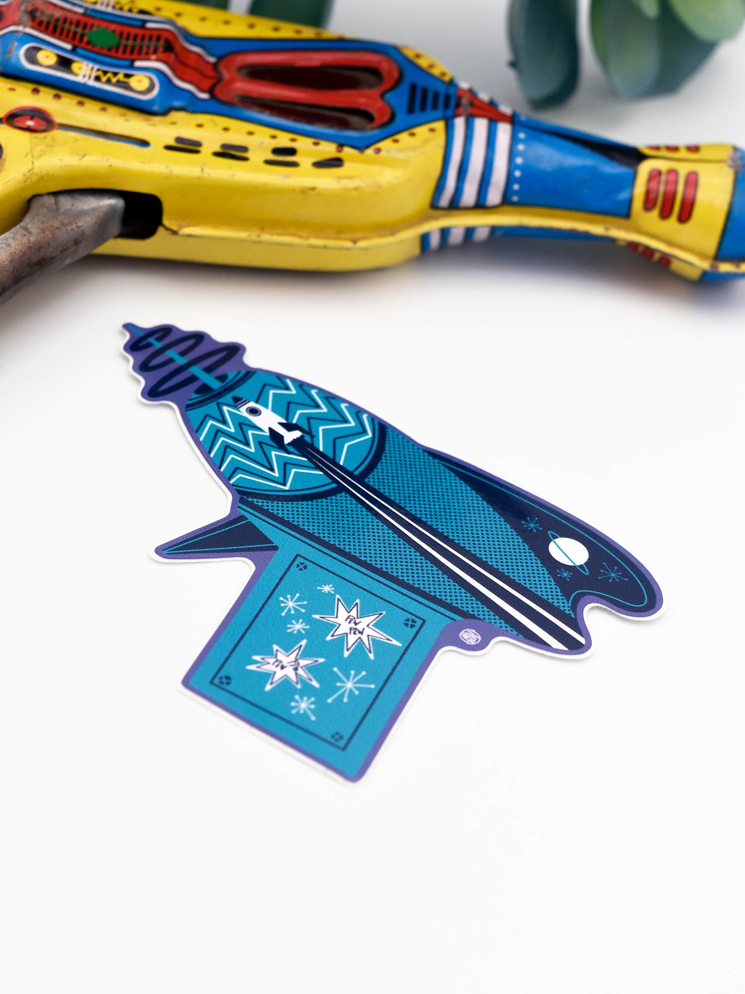 BLUE SPACE AGE RAYGUN Glossy Vinyl Sticker