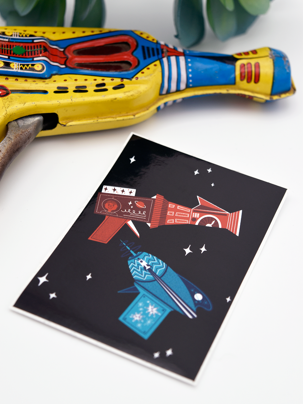 RED AND BLUE SPACE AGE RAYGUNS Glossy Vinyl Sticker